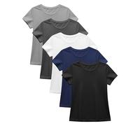 Sexy Basics Women's Cotton Stretch T Shirts | Casual & Active Basic Tops | Multi Packs & Colors, 5 Pack - Black, White, Grey, Navy, Charcoal, S