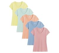 Sexy Basics Womens' Cotton Stretch V Neck Color T Shirts | Casual & Active Basic Short Sleeve Tops | Multi Packs, 5 Pack- Yellow| Mint | Peach | Powder Blue | Powder Pink, XL