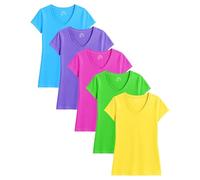 Sexy Basics Womens' Cotton Stretch V Neck Color T Shirts | Casual & Active Basic Short Sleeve Tops | Multi Packs, 5 Pack - Neons, XL