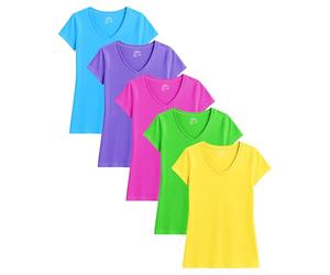 Sexy Basics Womens' Cotton Stretch V Neck Color T Shirts | Casual & Active Basic Short Sleeve Tops | Multi Packs, 5 Pack - Neons, XXL