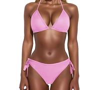 Sexy Bikini Sets for Women Triangle String Halter Women's Bikinis Tie Side Brazilian Swimming Costume Women 2 Piece Halterneck Bra Top Padded Swimsuit Underwired Swimwear Beach Pink
