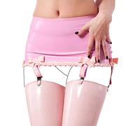 Sexy Black and Pink Stripes Latex Rubber Skirts with Bows Suspenders with Garters,Baby Pink W Pink, L