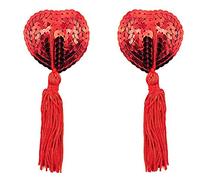 Sexy Breast Pasties Bra Self Adhesive Silicone Nipple Cover Stickers Reusable Bra Sequins Heart with Tassel for Couples Role Play Costume Game Party Accessory, Red, F