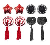 Sexy Breast Pasties Bra Self Adhesive Silicone Nipple Cover Stickers Reusable Bra Sequins Heart with Tassel for Couples Role Play Costume Game Party Accessory (4 PCS)