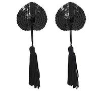 Sexy Breast Pasties Bra Self Adhesive Silicone Nipple Cover Stickers Reusable Bra Sequins Heart with Tassel for Couples Role Play Costume Game Party Accessory, F, Black