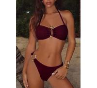 Sexy Burgundy Bikini Set for Women Vintage Strapless Swimsuit High Waisted Bottoms Textured Crinkle Beachwear Vacation
