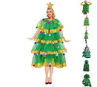 Sexy Christmas Tree Costume Adult Womens Fancy Dress Outfits 5 Piece Sparkly Funny Plus Size Xmas Dresses + Headband + Glasses + Stockings + Hand Bag UK Yellow Blue Green Purple Pink Sizes 8-16 (M-XL)