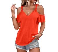 Sexy Cold Shoulder Tops for Women UK Casual Ladies Eyelet Tops Trendy Solid Basic Womens Blouses Workout Tunic Blouses Short Sleeve Cotton Tshirts Women's Knotted Strap Cold Shoulder Top Saffron