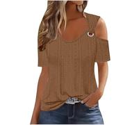 Sexy Cold Shoulder Tops for Women UK Casual Ladies Eyelet Tops Trendy Solid Basic Womens Top Blouses Workout Vacation Tunic Blouses Short Sleeve Plus Size Tshirts Going Out Shirts Brown