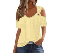 Sexy Cold Shoulder Tops for Women UK Casual Ladies Eyelet Tops Trendy Solid Basic Womens Top Blouses Workout Vacation Tunic Blouses Short Sleeve Plus Size Tshirts Going Out Shirts Yellow