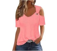 Sexy Cold Shoulder Tops for Women UK Casual Ladies Eyelet Tops Trendy Solid Basic Womens Top Blouses Workout Vacation Tunic Blouses Short Sleeve Plus Size Tshirts Going Out Shirts Pink