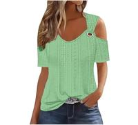Sexy Cold Shoulder Tops for Women UK Casual Ladies Eyelet Tops Trendy Solid Basic Womens Top Blouses Workout Vacation Tunic Blouses Short Sleeve Plus Size Tshirts Going Out Shirts Green