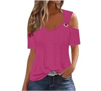 Sexy Cold Shoulder Tops for Women UK Casual Ladies Eyelet Tops Trendy Solid Basic Womens Tops Blouses Workout Vacation Tunic Blouses Short Sleeve Cotton Tshirts