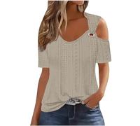 Sexy Cold Shoulder Tops for Women UK Casual Ladies Eyelet Tops Trendy Solid Basic Womens Tops Blouses Workout Vacation Tunic Blouses Short Sleeve Cotton Tshirts
