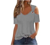 Sexy Cold Shoulder Tops for Women UK Casual Ladies Eyelet Tops Trendy Solid Basic Womens Tops Blouses Workout Vacation Tunic Blouses Short Sleeve Cotton Tshirts