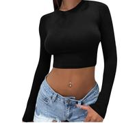 Sexy Crop Tops for Women Long Sleeve Y2k Shirts Basic Slim Fit T-Shirt Solid Color Tee Shirt Crew Neck Plain Elegant Going Out Cropped Blouse Stretch Lightweight Pullover Club Party Streetwear Black