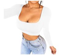 Sexy Cropped Shirts for Women Long Sleeve Square Scoop Neck Fitted Basic Crop Top White Blouse With Black Stripes, White, S