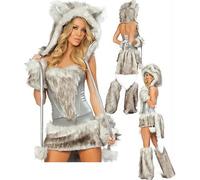 Sexy Deluxe Lion Lady Animal Fancy Dress Costume Outfit Women's Halloween Cosplay (Grey, One Size)