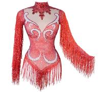 Sexy Fringe Rhinestone Bodysuit Mesh Perspective Women Birthday Party Outfit Team Dance Show Drag Queen Costumes (Red)