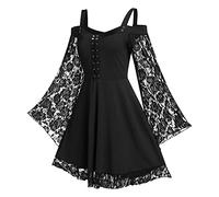 Sexy Gothic Dress for Women UK Strappy Lace Patchwork Mini Dress Bandage Vintage Medieval Victorian Dresses Halloween Costumes Goth Steampunk Clothing Flare Sleeve A-line Party Cocktail Dresses Black