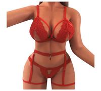 Sexy Lace Lingerie Set for Women, Elegant Teddies Lace Babydoll with G-String and Suspender, The Delicate Patterns and Sheer Details Add A Touch of Elegance Red