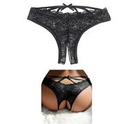 Sexy Lace Thongs for Women Open Crotch Panties Breathable Low Waist T Back G String Underwear Sheer Lingerie Soft Comfortable Plus Size Briefs with Hole (S-XXL) (UK, Alpha, M, Regular, Regular)