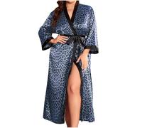 Sexy Leopard Satin Robe for Women Silk Silky Ladies Dressing Gowns Plus Size Soft Comfy Kimono Full Length Bathrobe Super Soft Sleepwear Casual Homewear V Neck Long Sleeve Nightgown