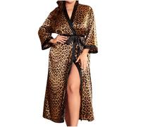 Sexy Leopard Satin Robe for Women Silk Silky Ladies Dressing Gowns Plus Size Soft Comfy Kimono Full Length Bathrobe Super Soft Sleepwear Casual Homewear V Neck Long Sleeve Nightgown