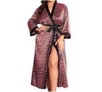 Sexy Leopard Satin Robe for Women Silk Silky Ladies Dressing Gowns Plus Size Soft Comfy Kimono Full Length Bathrobe Super Soft Sleepwear Casual Homewear V Neck Long Sleeve Nightgown