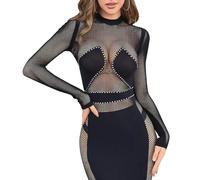 Sexy Lingerie Fishnet Bodysuit for Women, See Through Sparkle Rhinestone Stripper Sets, Slutty Naughty Outfits for Halloween Exotic Party Costumes Black