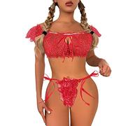 Sexy Lingerie for Ladies Women's Lingerie Sets Cute Young Ladies Transparent Lace Top And Thong Girls Underwear See Through Two Set Sleeve Garters (Red, M)
