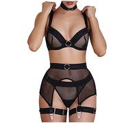 Sexy Lingerie for Women Girl Ring Mesh Underwear Steel Bra Belt G-String Lingerie for Women Bras (Black, S)
