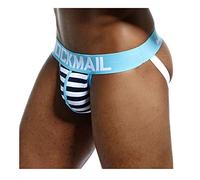 Sexy Mens Jock Straps Underwear Cotton Striped Jocks Bikini G-Strings Men Thongs Male Briefs Gay Thongs Underwear (L, Light Blue)