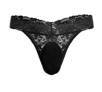 Sexy Men's Sheer Floral Lace G-String Thong Sissy Bulge Pouch Panties Low Waist Bikini Briefs T-back Underwear Crossdress Males Girly Underpants Knickers Shorts Erotic Lingerie #Black L