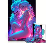 Sexy Neon Wolf Woman Jigsaw Puzzles 1000 Piece for Teenagers Enhance Memory Leisure Time Solid Cut Santa Wish Item 38x52cm