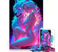 Sexy Neon Wolf Woman Jigsaw Puzzles for Teenagers 1000 Mind Exercise Toy Home Activity Precision Cut Wall Art Decor 38x26cm