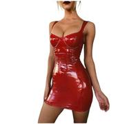Sexy nightclub disco celebrity goddess lady brightly wrapped chest straps waist slimming PU leather strap dress-red-6XL