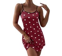 Sexy Nightdresses for Women Heart Print Cotton Blend Nightwear Cowl Collar Soft Brushed Nighties Spaghetti Strap Nighties Cute Printing Loungwear Sleepwear Comfy Sleeveless Short Nightgown Wine