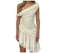 Sexy Off Shoulder Ruffled Asymmetric Plain Mini Dress for Women Festive Dresses Women, beige, L