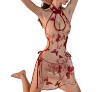 Sexy Outfits Women Women's Chinese Cheongsam Dress Anime Cosplay Lingerie Vintage Print Cheongsam Mini Tight Outfit Doll Costume Set(Red,One Size)