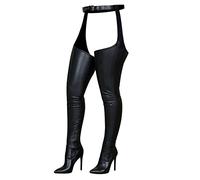 Sexy Over The Knee Boots Women Stiletto High Heels Pointed Toe Faux Leather Boots with Belt Ladies Boots Thigh High Heel Front Lace-up Side Zip Shoes Black Plus Size 3-8.5