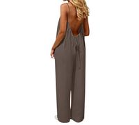 Sexy Party Jumpsuits for Women, Linen Dungarees for Women UK Spaghetti Strap Backless Jumpsuit Suspender Overalls Loose Wide Leg Tie Back Long Playsuit Summer Casual Baggy Sleeveless Rompers Green