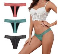 Sexy Period Underwear for Women, Anti-Odor Leak Proof Period Thongs, 4 Layer Postpartum Absorbent Panties Lace Bikinis, Coral/Green/Black-3pack, S