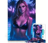 Sexy Pool Neon Girl Jigsaw Puzzles 1000 Piece for Teenagers Enhance Memory Leisure Time Solid Cut Santa Wish Item 38x52cm