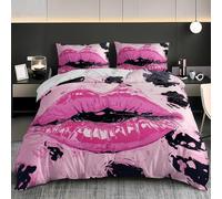 Sexy Red Lips Double Bed Duvet Cover Sets 200x200 cm Modern Design Bedding Set Pink Microfiber Hypoallergenic Quilt Cover with Zipper Closure and 2 Pillowcases for Teens and Adults h-2193