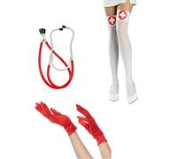 Sexy RED & White Nurse Doctor Dress Up Accessory Set - Prop Stethoscope, Short Satin Gloves & Stockings