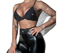 Sexy Rhinestone Hollow Out Tank Top for Women Feather Crystal Crop Top Sparkling Mesh Fishnet Body Chain Cover Up Party Clubwear