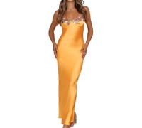 Sexy Satin Spaghetti Strap Floral Embroidered Maxi Dress for Women Sweetheart Neckline Backless Sleeveless Slit Midi Dress, Orange, M