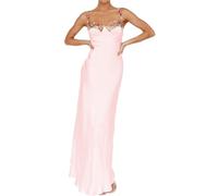 Sexy Satin Spaghetti Strap Floral Embroidered Maxi Dress for Women Sweetheart Neckline Backless Sleeveless Slit Midi Dress, Pink, XL