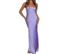 Sexy Satin Spaghetti Strap Floral Embroidered Maxi Dress for Women Sweetheart Neckline Backless Sleeveless Slit Midi Dress, Lilac, M